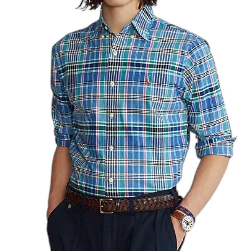 Ralph Lauren Classic Fit Plaid Oxford Shirt Mens Medium Blue Madras Plaid Preppy